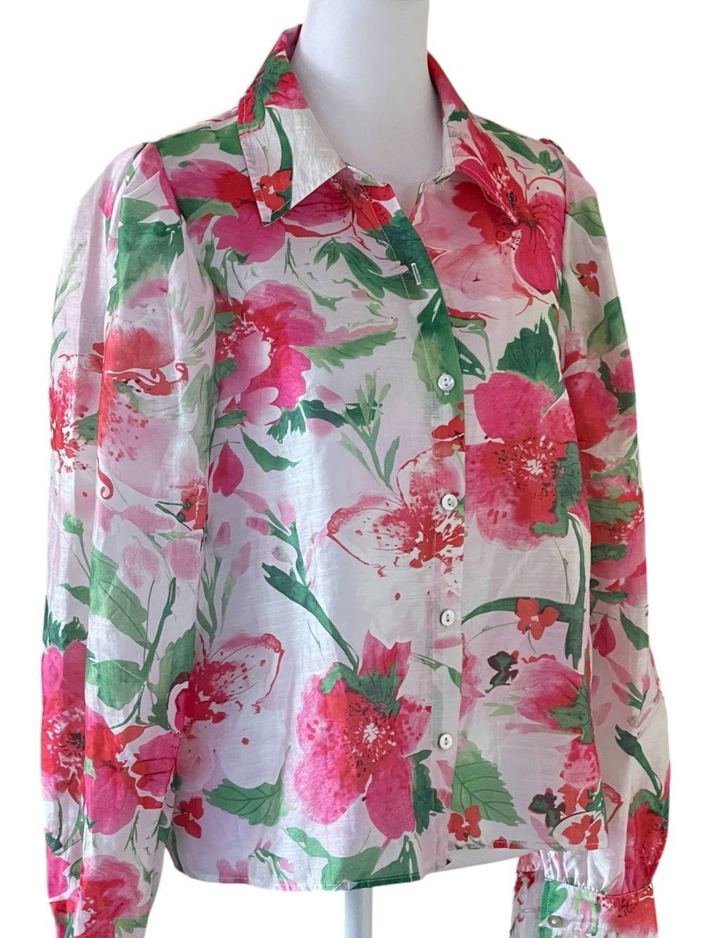 Joie White Pink Bold Florals Button-Front Blouse Sz M Silk-look Long Sleeves